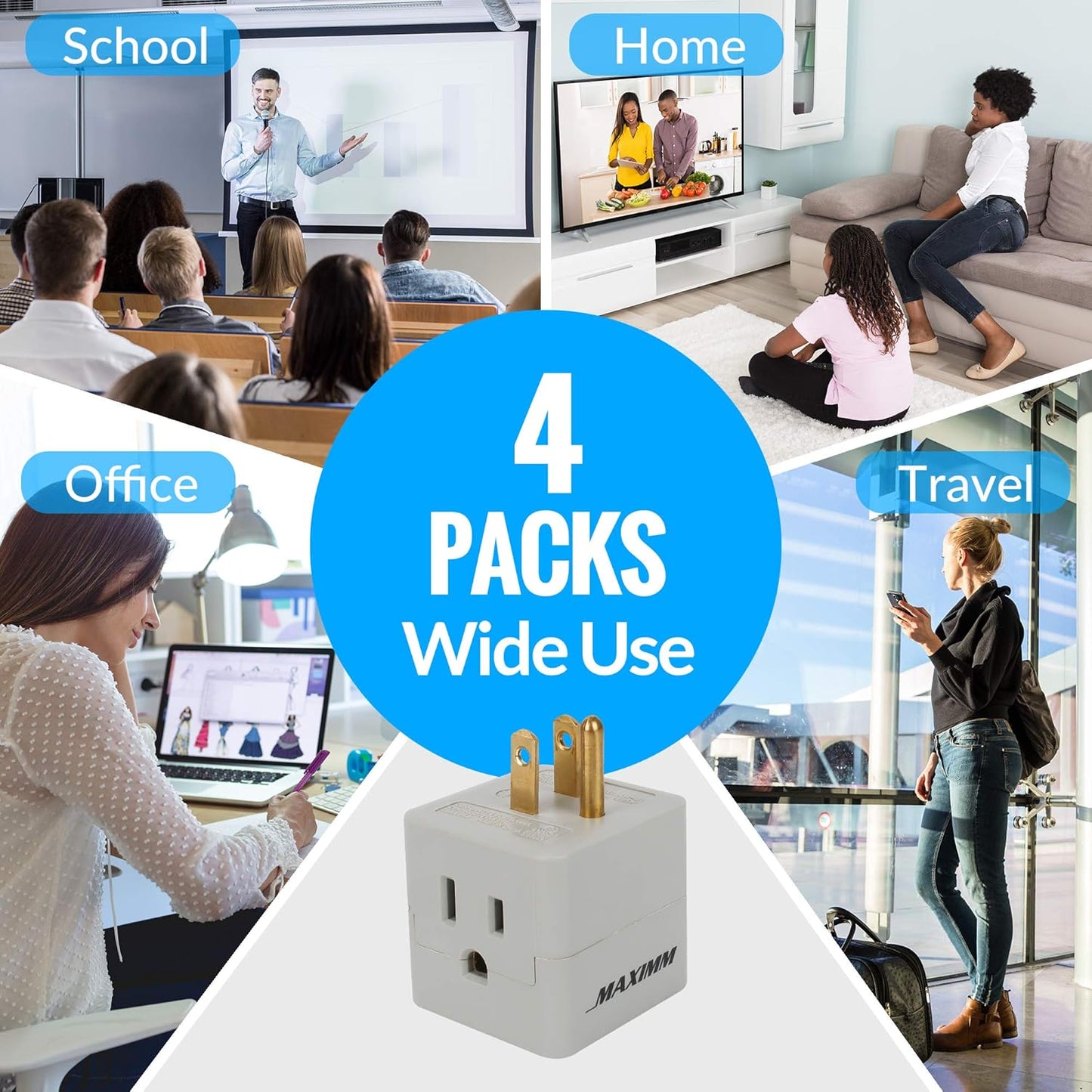 3 Outlet Cube Plug Adapter, 4-Pack, Light Grey, ETL Listed