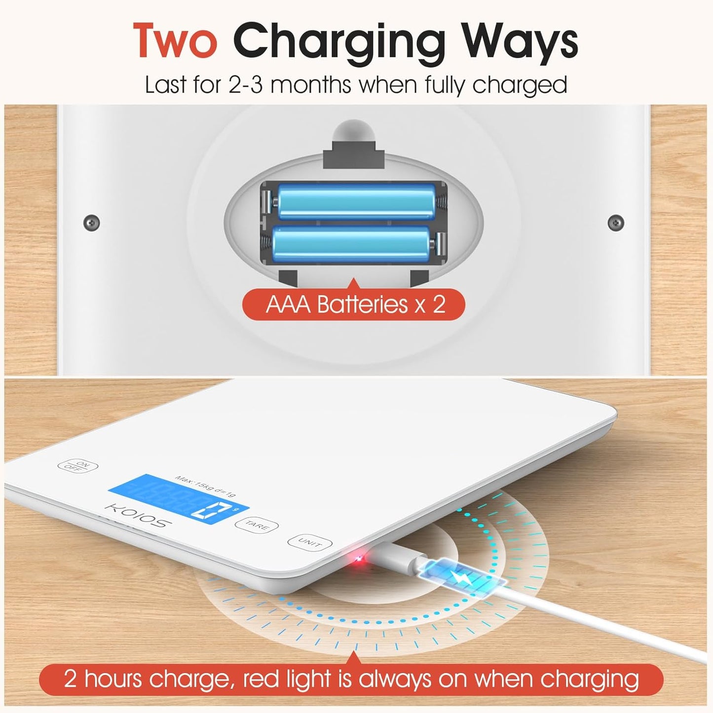 Kitchen Scale, 33Lb/15Kg Digital Food Scales Weight in Grams and Ounces for Cooking Baking, 1G/0.1Oz Precise Graduation, Batteries and Type-C Charging, Tare Function, LCD Display, White